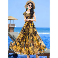 ĐẦM MAXI ĐI BIỂN ĐẸP - K136 KHÔNG KÈM DÂY CỘT NƠ EO - Vàng - XL
