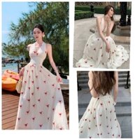 Đầm maxi đi biển đi du lịch cổ chữ V khoét sâu có mút ngực hở lưng chất vải xốp cao cấp váy xòe maxi