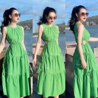 Đầm maxi đi biển du lịch dáng xoè cao cấp,Đầm tiểu thư nhúng khoét eo dáng xoè