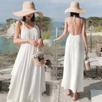 Đầm maxi đi biển hở lưng 2 dây xòe tầng xinh đẹp sang chảnh