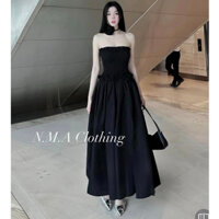 Đầm maxi đi biển màu đen bo chun ngực dáng dài kèm chocker cổ - N.M.A Clothing (Hình Shop tự chụp)