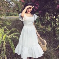 Đầm maxi đi biển siêu xinh, đầm trắng tiểu thư đẹp bồng bềnh V