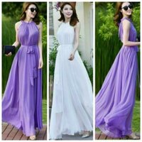Đầm Maxi Đi Biển Thắt Nơ Eo Cực Xinh Cho Nữ, Chất Voan Chiffon Kèm Lót, 2 Màu Trắng Tím💥