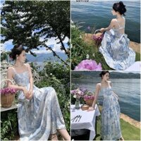 Đầm maxi đi biển voan hoa cột nơ lưng màu xanh dương nhã nhặn xinh đẹp dáng dài