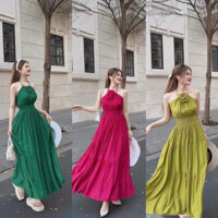 Đầm maxi đi chơi biển cổ yếm đính bông thời trang mocking eo chất vải lụa chéo dày.