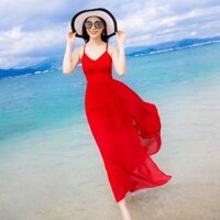Đầm maxi dự tiệc hoặc đi biển cao cấp đan dây lưng phù hợp phong cách mùa hè có 3 màu như hình trắng,đỏ,đen - đỏ