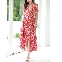 Đầm maxi đuôi cá dáng dài voan đỏ 2 LỚP in họa tiết hoa trắng viền ren cổ V cực điệu Không lộ nội y