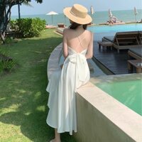 Đầm maxi hai dây hở lưng thắt nơ đi biển (Trắng) S1073