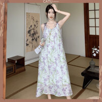 Đầm Maxi Hai Dây Họa Tiết Hoa Tím Pastel Có Lớp Lót Đầm Suông Dài Nhẹ Nhàng CATU