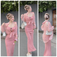 Đầm Maxi Hai Dây Mix Cùng Áo Khoác Voan Hồng Đi Chơi Đi Biển Ngọt Ngào Cho Nữ Hàng Quảng Châu