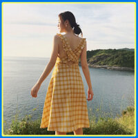 Đầm maxi hở lưng QK7 - Đầm maxi đi biển - Đầm maxi dự tiệc sang trọng - Đầm maxi đi biển hai dây chéo lưng - vàng - Size L  55kg - 58kg