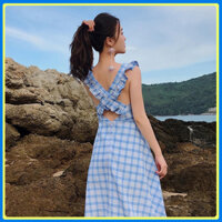 Đầm maxi hở lưng QK7 - Đầm maxi đi biển - Đầm maxi dự tiệc sang trọng - Đầm maxi đi biển hai dây chéo lưng - XANH - Size M 45kg - 54kg