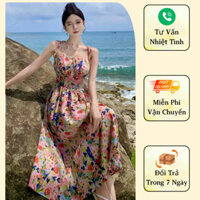 Đầm maxi hoa lụa 2 dây dúm ngực chạy chun lưng đi du lịch A2547