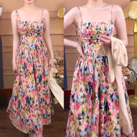 Đầm maxi hoa lụa 2 dây dúm ngực chạy chun lưng đi du lịch A2547