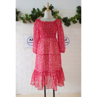 ĐẦM MAXI HOA NHÍ CỔ TRÒN, NHÚN THUN, TAY DÀI, CHÂN BÈO, MÀU ĐỎ, FREE SIZE