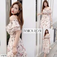 Đầm MAXI hoa trễ vai phối bèo FASHION ROSE chất voan châu tôn cao cấp (có lót) FREE SIZE lên dáng cực xinh xắn