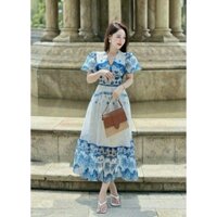 Đầm maxi hoa xanh trắng thổ cẩm, váy voan xoè cổ v dự tiệc, dự lịch N059