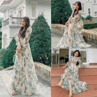 Đầm Maxi Hoa Xòe Ngực Nhúng (SIZE S-M-L-XL-XXL ) Tay Dài Bo Phồng Chất Voan Lụa HÀNG THIẾT KẾ