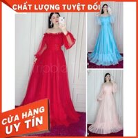 Đầm maxi mặc cưới trễ vai tay lưới bo eo con kiến siêu xinh - size M/L (có ảnh/video thật) MS165Y