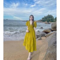 Đầm maxi mặc đi biển mát mẻ chất lụa 100D cổ nhọn tay búp from dáng xòe 1 màu vàng nổi bật siêu tôn da