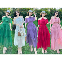 Đầm maxi mặc đi chơi biển thời trang, đầm bèo trễ vai dây cổ đính bông có mút ngực chất vải Lụa 100D.