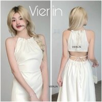 Đầm Maxi Mina Dress Cổ Yếm Khoét Lưng Dây Nối Dáng Suông Dài Xếp Ly Tiểu Thư Nữ Tính Đi Chơi Cafe Du lịch - Vierlin V69