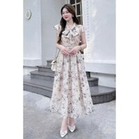 Đầm maxi nữ chất voan tay bèo cổ V cột nơ hoa xinh váy dài dáng xòe thích hợp mặc đi chơi hoặc đi dự tiệc