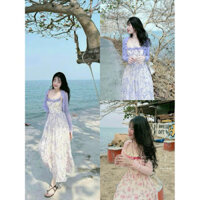 Đầm Maxi nữ mặc đi chơi biển chất lụa in hoa 2 dây bèo nơ mix áo khoác tay dài thun gân 2 màu