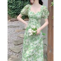 Đầm maxi nữ mặc đi chơi đi dạo phố chất voan tay ngắn cổ vuông váy dài xẻ tà họa tiết in hoa xinh xắn