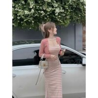 Đầm maxi nữ thời trang mặc đi chơi chất thun gân sọc ngang hai dây cúp ngực váy maxi dáng dài kèm áo khoác tay dài