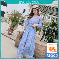 Đầm maxi nữ voan mềm dáng xòe thanh lịch – Cổ tim quyến rũ, tay bèo lỡ nữ tính, thắt eo tôn dáng, hoa nền xanh dịu dàng