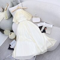 Đầm maxi nude cổ yếm viền ngọc phối voan rớt vai mẫu thảo xinh shop