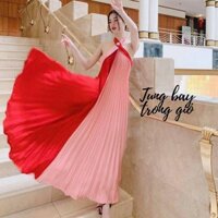 Đầm maxi phối màu cổ yếm(hình thật)