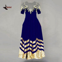 Đầm Maxi Quixr Cổ Tròn In Hoa Vintage Cao Cấp Nửa Tay Áo