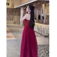 Đầm maxi ren phối lưới,váy yếm ren nữ đi tiệc hở lưng phối tùng xoè sang chảnh