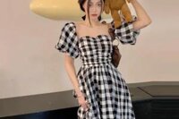 Đầm Maxi Sọc Caro Cổ Vuông Tay Bồng Chất Thô Đũi Cho Nữ