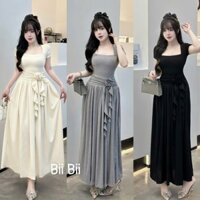 Đầm maxi thiết kế 3 tone màu thanh lịch cho nàng dạo phố cực xinh, đầm tăm lạnh cổ vuông tay ngắn dáng dài xòe đính hoa