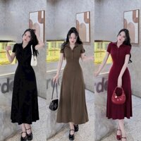 Đầm Maxi Thời Trang Nữ Chất Thun Gân Dài Dặn Tay Ngắn Cổ V Váy Dài Dáng Xòe Hack Dáng Che Mỡ Bụng Thiết Kế 3 Màu Xinh