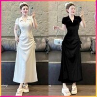 Đầm maxi thời trang nữ chất thun gân tay ngắn cổ sơ mi 2 bên dây rút eo, Đầm cổ sơ mi dây rút hai bên form ôm body M104
