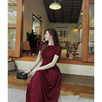 Đầm maxi thun cổ tròn nhún eo [khoá kéo sau] phòng cách thanh lịch cho nàng đi chơi, dự tiệc 2 màu xám+đen  G954