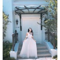 Đầm maxi trắng bẹt vai cúp ngực thiết kế