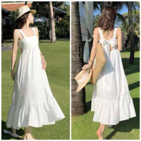 Đầm maxi trắng hai dây nơ sau 2 màu váy đi tiệc đi biển (kèm hình thật)