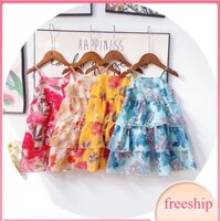 Đầm Maxi trẻ em 1-10 tuổi nhiều tầng in hoa, Váy 2 dây cho bé gái vải tơ nhẹ thoáng mát