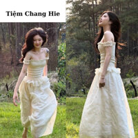 Đầm Maxi Trễ Vai Bo Eo - Váy Trắng Dáng Dài Trễ Vai Đi Biển, Đi Chơi Tiệm Chang Hie
