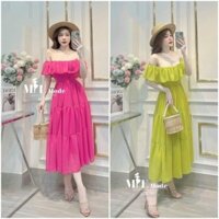 Đầm maxi trễ vai chất đũi dáng dài chun eo 3 tầng, váy đi biển đi du lịch chiết eo 3 tầng xinh xắn - HỒNG - free size