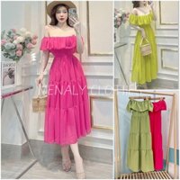 Đầm maxi trễ vai chất đũi dáng dài chun eo 3 tầng, váy đi biển đi du lịch chiết eo 3 tầng xinh xắn -  XANH - free size