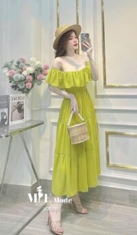 Đầm maxi trễ vai chất đũi dáng dài chun eo 3 tầng, váy đi biển đi du lịch 2 màu xinh xắn - HỒNG
