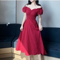 Đầm maxi trễ vai đi biển chun eo tay bồng vải xốp kiểu hàn màu đỏ đen- váy maxi đi biển B92