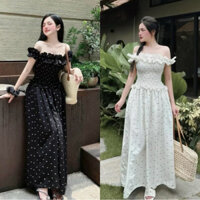 Đầm maxi trễ vai nhún bèo hoạ tiết nhỏ xinh điệu đà dễ thương - M177