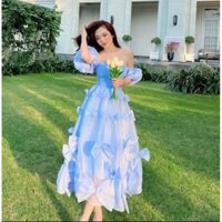 Đầm Maxi Trễ Vai Thời Trang Nữ Chất Vải Tơ Lụa Váy Xoè Đính Nơ To Nhỏ Có Mút Ngực,